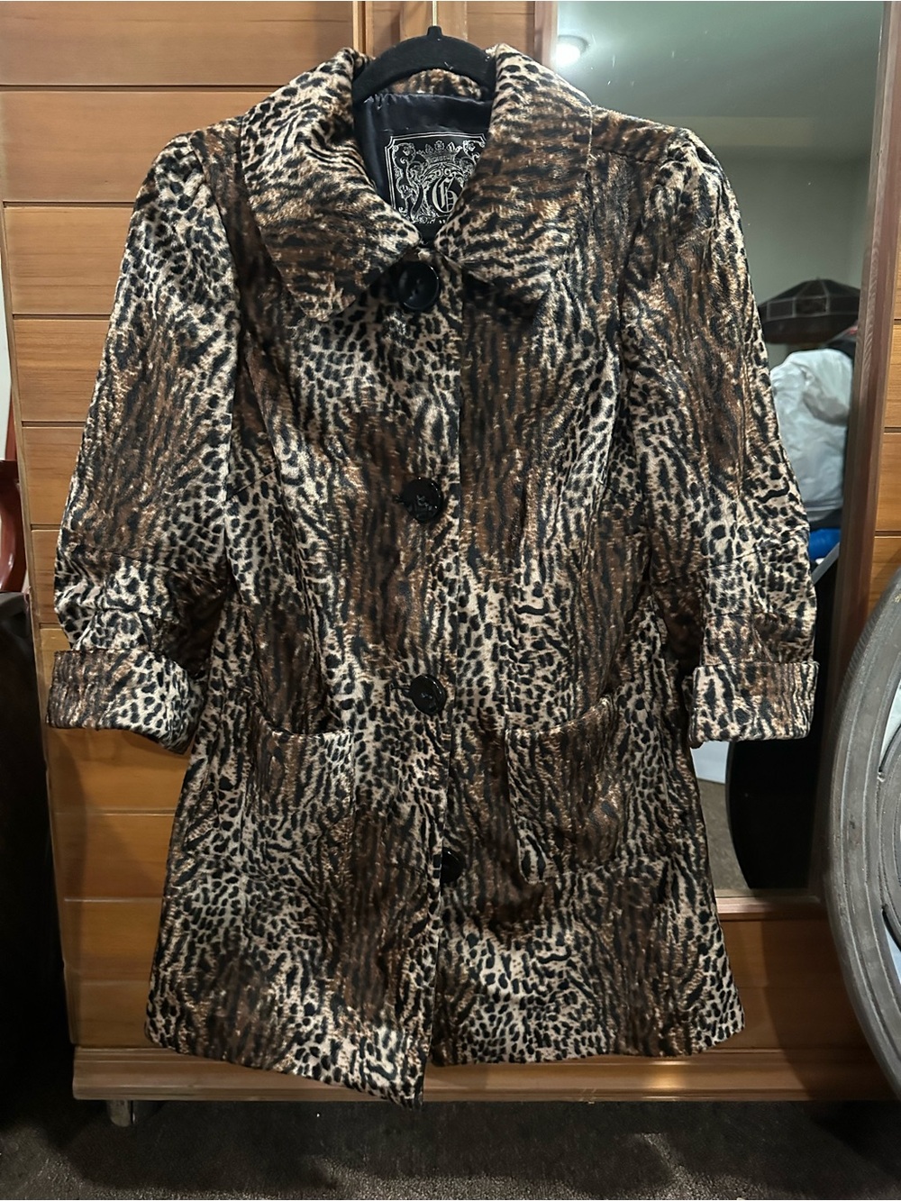 Guess Brown & Cream Animal-Print Trench Coat